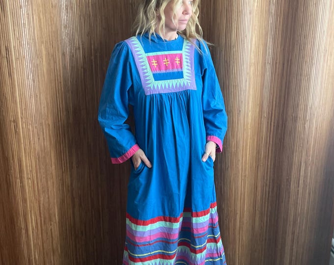 Vintage 1970s Indian Appliqué Dress — Blue Ethnic Folk Cotton Maxi