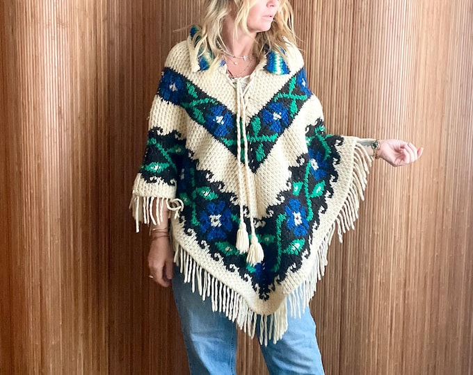 Vintage 60s Mexican Hand Knit Wool Poncho - Bohemian Boho Chic Festival Style Ethnic Cloak