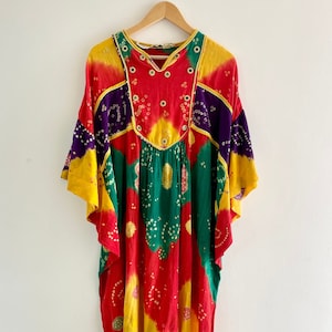 Vintage Judith Ann Neiman Marcus Kaftan: Mirrored Embroidered Tie-Dye Maxi