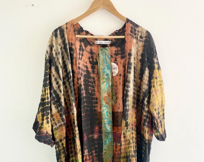 Vintage Indian Silk Robe Duster , India Silk Jacket , Silk Kimono , Bohemian Duster , Beach Resort Kimono