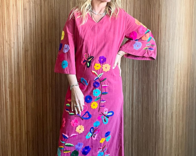 VTG 70s Mexican Hand Embroidered Cotton Kaftan - Resort Bohemian Maxi Dress