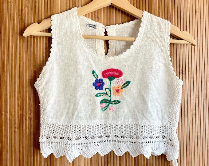 VTG Indian Cotton Gauze Crop Top : Crochet & Embroidery Bohemian Embroidered  Summer Top