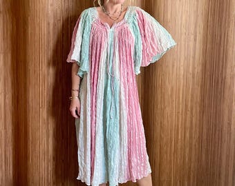 Vintage Grecian Cotton Gauze Lurex Dress - Pastel  Boho Midi Dress