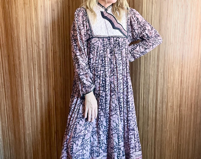 Vintage Phool India Cotton Dress: Quilted Yoke Boho Prairie