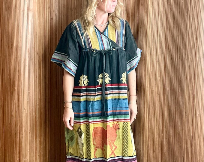 Vintage 70s Indian Hand Loomed Cotton Maxi - Boho Hippie Ethnic Folk Art Print  Dress