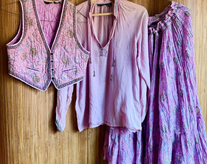 Vintage 3-Piece Indian Cotton Gauze Set - Supercraft Floral Vest, Blouse & Skirt Bohemian Pink Suit