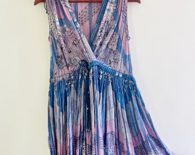 Vintage India Cotton Gauze Sleeveless  Midi Dress , Indian Block Print Cotton Gauze Dress , Indian Gauze Sundress , Pink Indian Gauze Dress