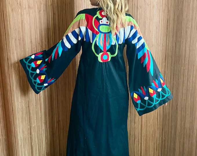 Vintage 1960s Embroidered Cotton Kaftan: Art to Wear Bohemian Maxi Dress