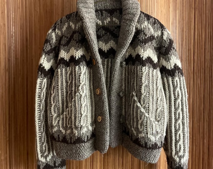 VTG 60s Mexican Hand Knit Crop Wool Cardigan - Cable Knit Boho Ethnic Sweater
