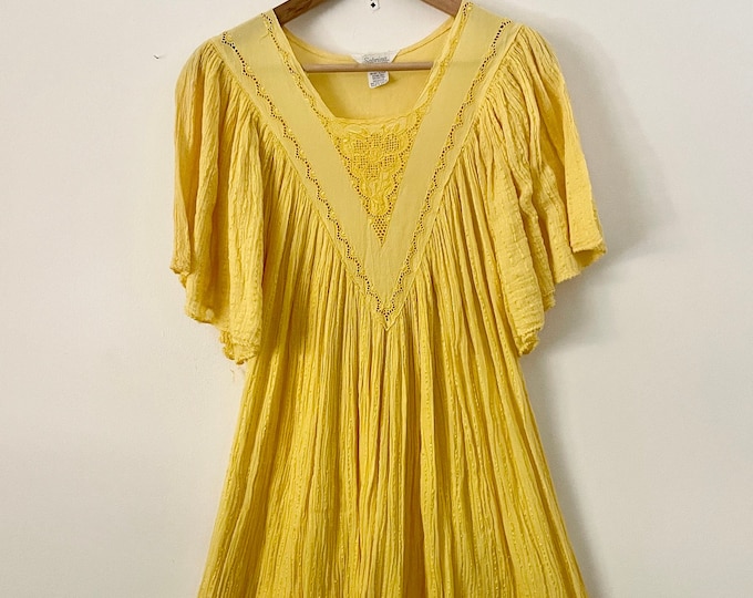 Vintage Cotton Gauze Grecian Sun Dress, Bali Lace Butterfly Sleeve Dress , Butterly Lace Top , Yellow Gauze Dress