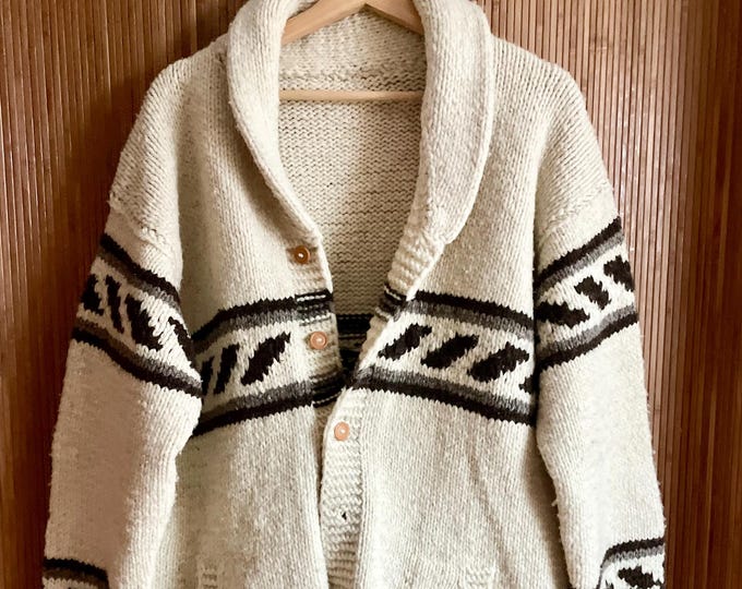 Vintage Oversized Ethnic Wool Cardigan — Chunky Shawl Collar Cowichan-Style Sweater