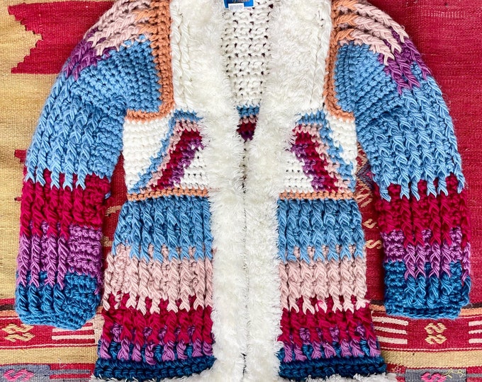Vintage 70s Chunky Cardigan , Rainbow Cardigan Sweater , Hand Knit Cardigan , Bohemian Sweater, Multi Color Cardigan