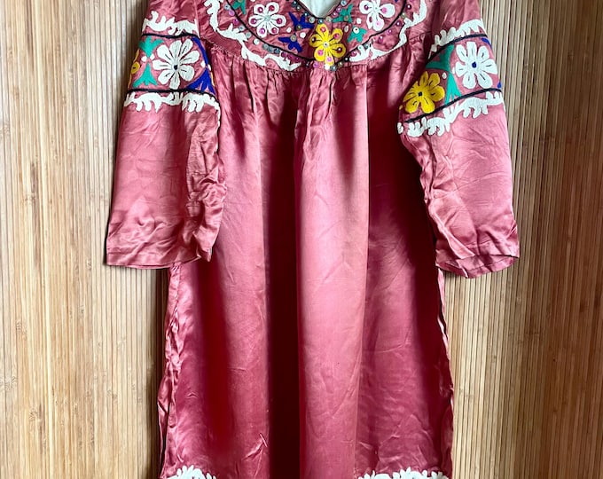 Rare VTG Afghan Hand Embroidered Satin Dress - Collectors Heirloom Bohemian Folk Tunic