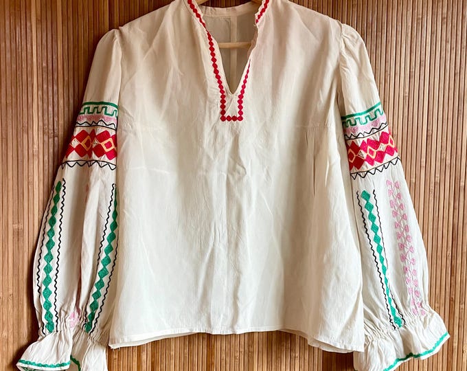 Vintage Eastern European Hand‑Embroidered Silk Blouse — Peasant Folk Top