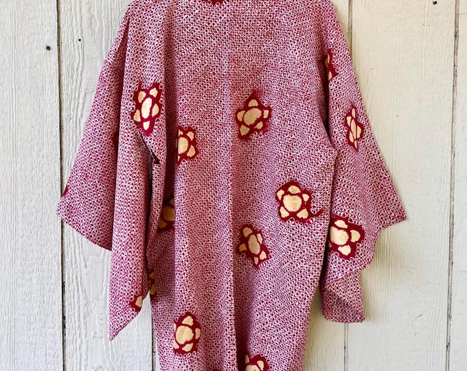 Vintage Japanese Silk Shibori Kimono, Silk Kimono , Layering Jacket , Japanese Floral Textured Kimono