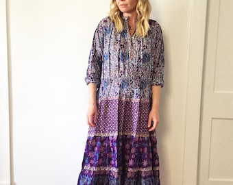 Vintage 70s Cotton Gauze Dress , BOHO Hippie India Dress , Kaiser Dress