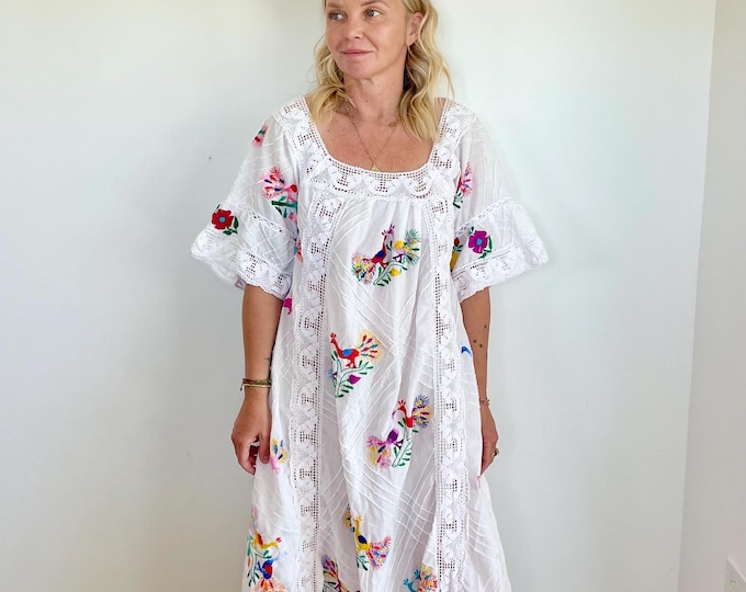Vintage Mexican Peacock Embroidered Wedding Dress , Hand Embroidered Laced Dress , Mexican Maxi Dress , Hand Embroidered Mexican Dress