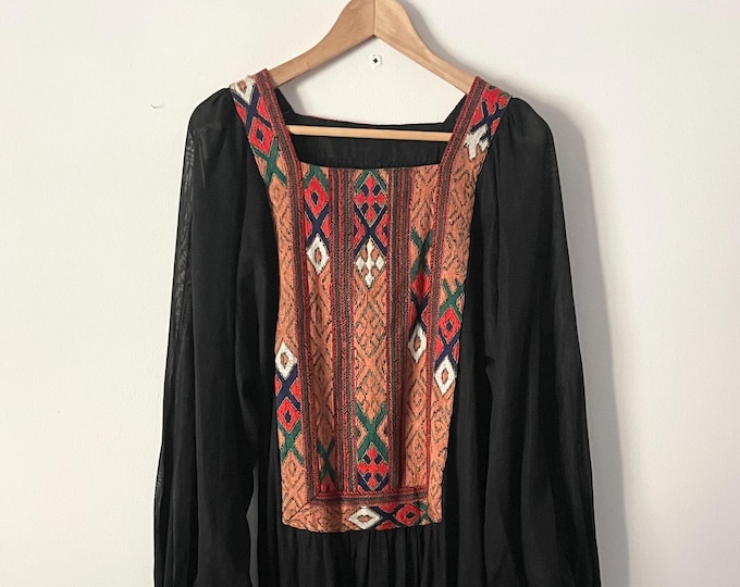 Vintage Embroidered Ethnic Maxi Dress , Hand Stitched Cotton Voile Maxi Gown , Black Ethnic Dress , Bohemian Gown