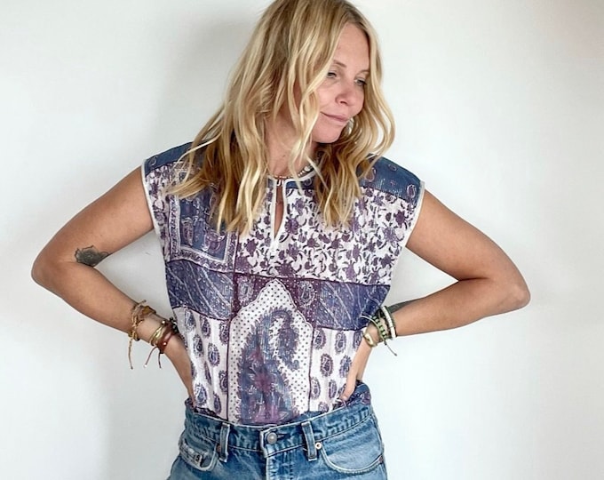 Vintage  India Cotton Gauze Lurex Blouse , Indian Block Print Top