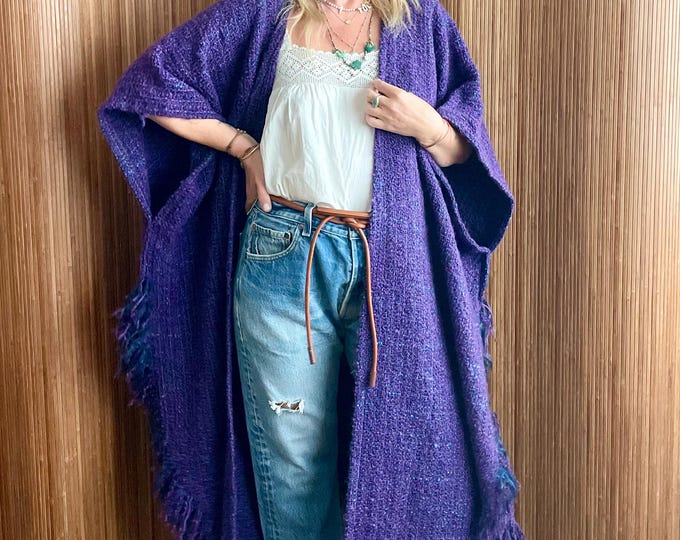 VTG Irish Wool Hand Spun Maxi Fringed Duster - Bohemian Textile Art Bohemian Cape Poncho