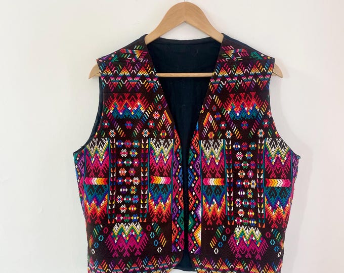 Vintage Guatemalan Ikat Vest , Hand Loomed Ethic Vest , Ikat Waist Coat , Cotton Embroidered Vest