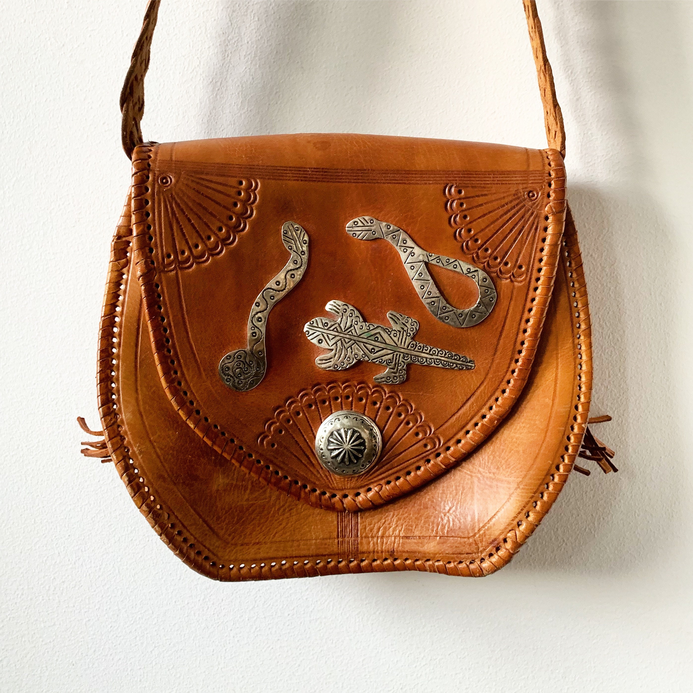 Vintage Southwestern Tooled Leather Bag , BOHO Natural Leather Bag