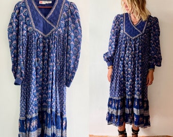 Vintage  Rare PHOOL Indian Block Print Cotton Dress , Blue Block Print Cotton Dress, Pho Dress , Boho Midi Dress