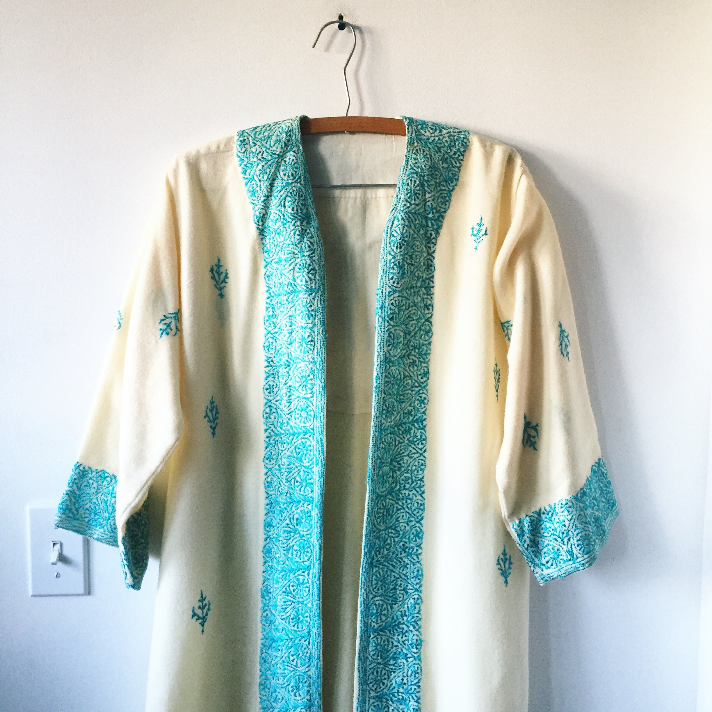 Vintage Romanian Embroidered Wool Wrap Dress , Ethnic Kaftan , Wool Robe