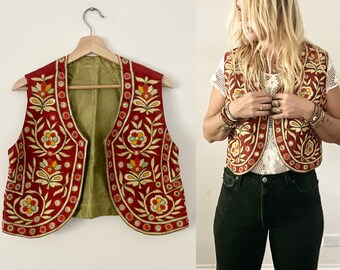 Vintage Raw Silk Embroidered Mirrored India Vets, Mirrored Embroidered Banjara Vest , Indian Mirrored Vest
