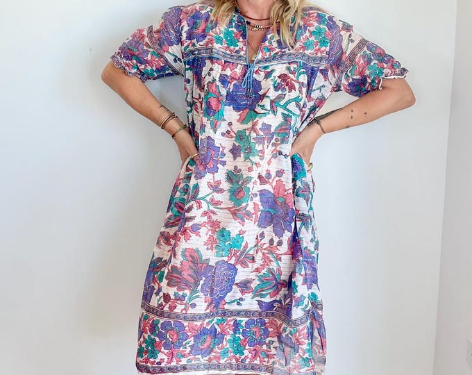 Vintage 70s Indian Cotton Gauze Dress ,  Indian Metallic Gauze Dress , Lurex Cotton Indian Dress