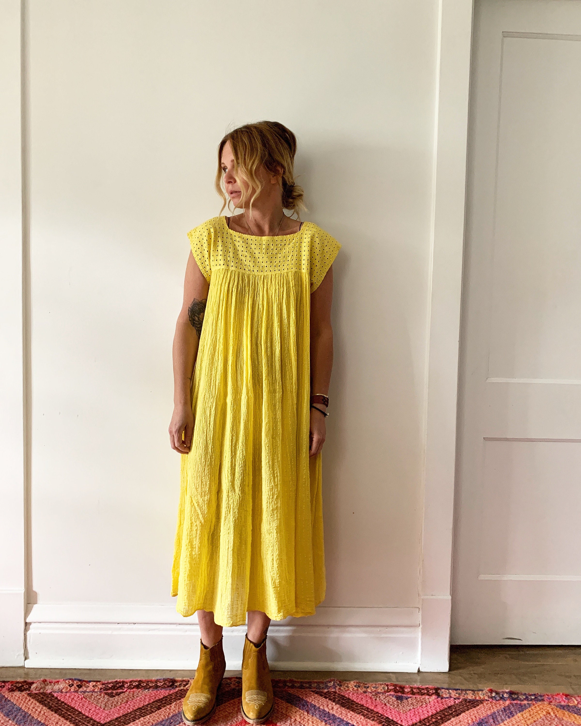 Vintage Cotton Gauze Grecian Sun Dress Bali Lace Butterfly Sleeve Dress