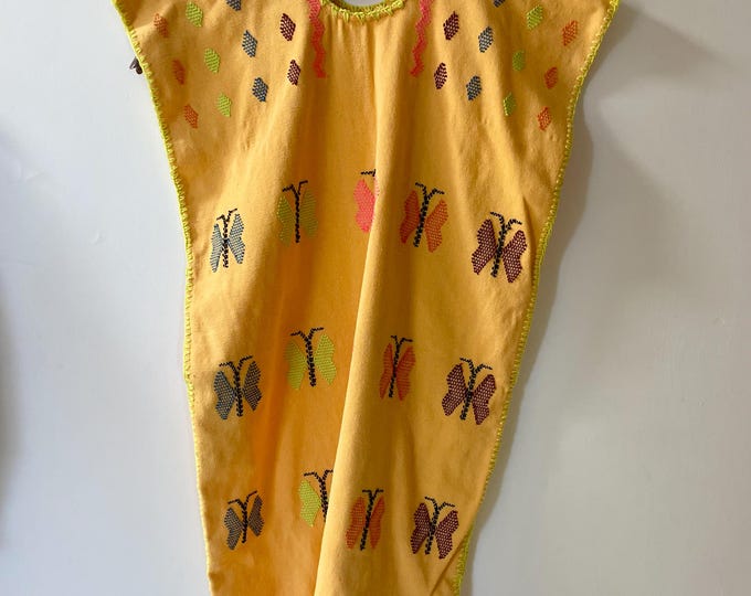 Vintage Amuzgo Oaxacan Huipil Kaftan, Hand Loomed Cotton Butterfly Embroidery