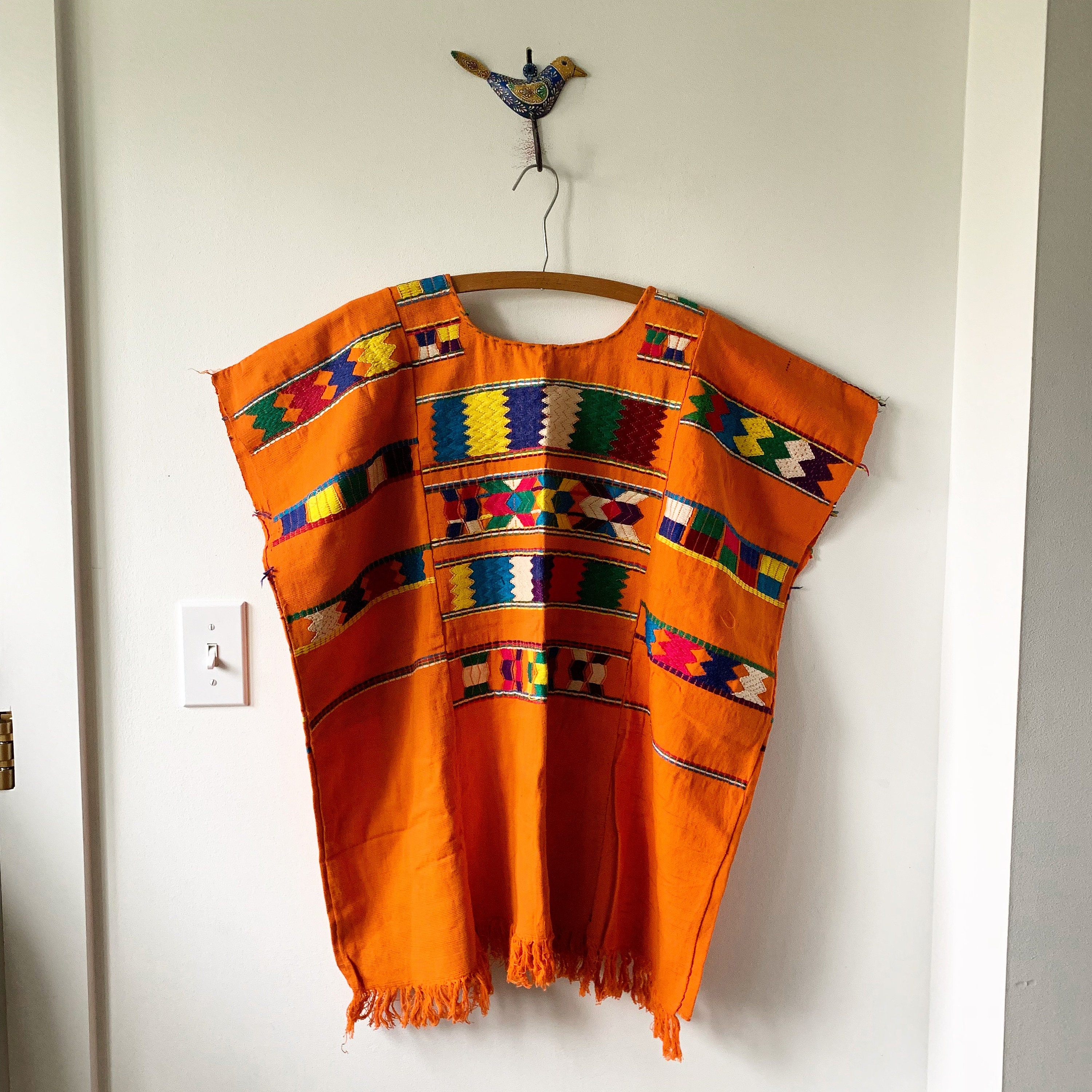 Vintage Fringed Huipil Top, Ethnic Embroidered Poncho