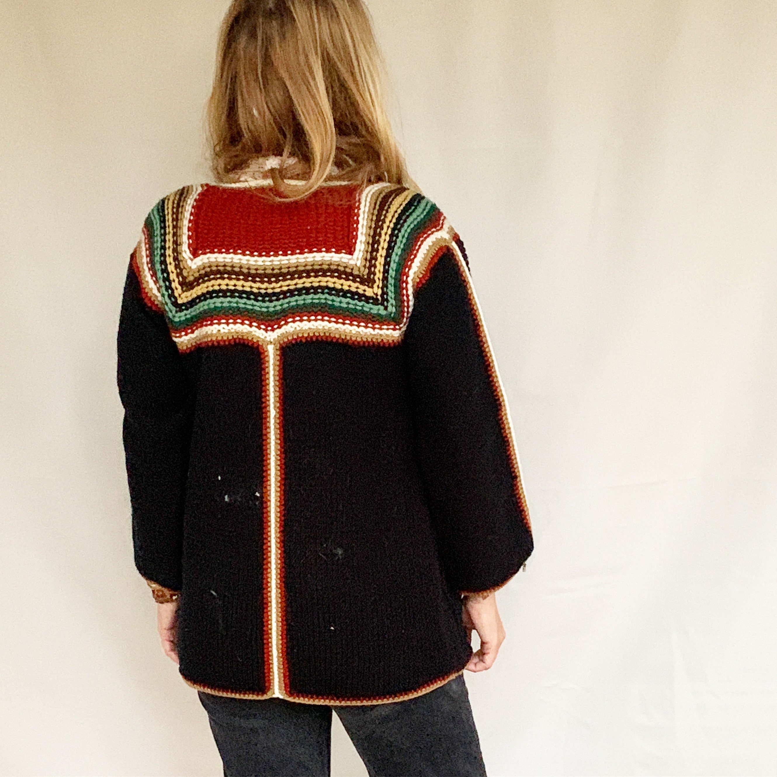 Vintage 70s BOHO Cardigan , Afghan Crochet Cardigan , Crochet Cardi