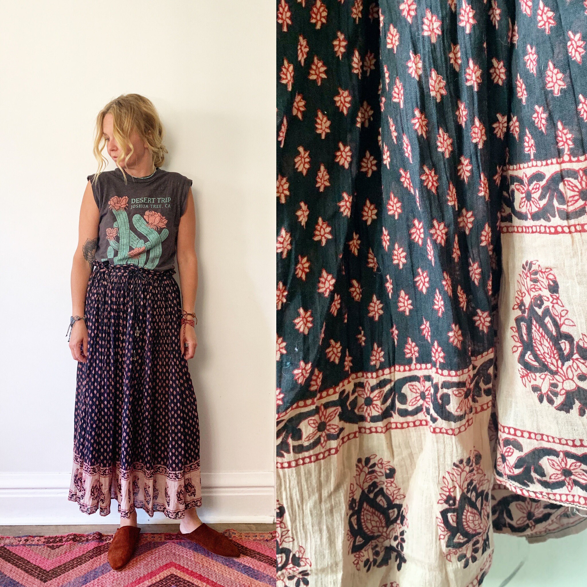 Vintage India Cotton Gauze Skirt , Block Print Midi