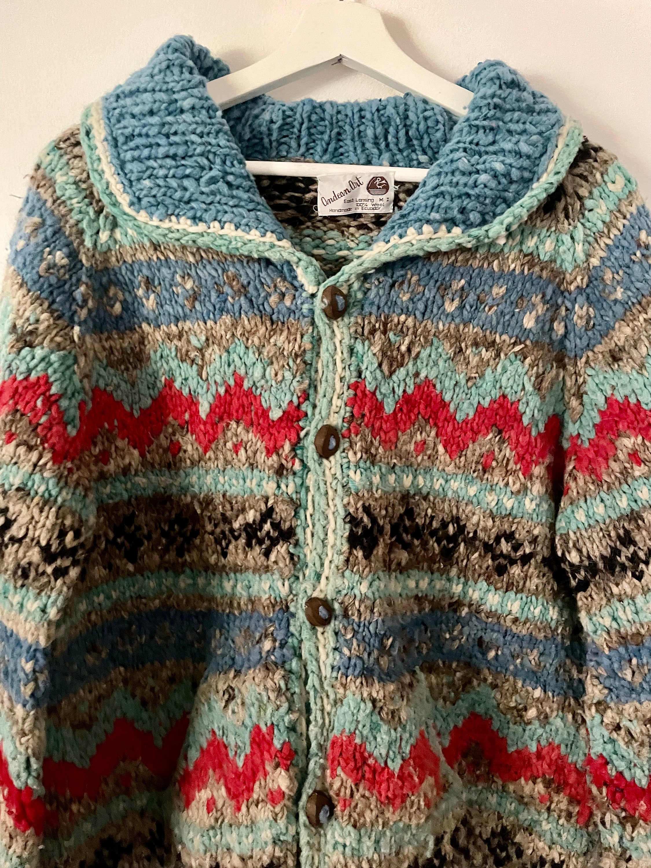 Vintage Ethnic Hand Knit Wool Cardigan , Ecuadorian Wool Sweater ...