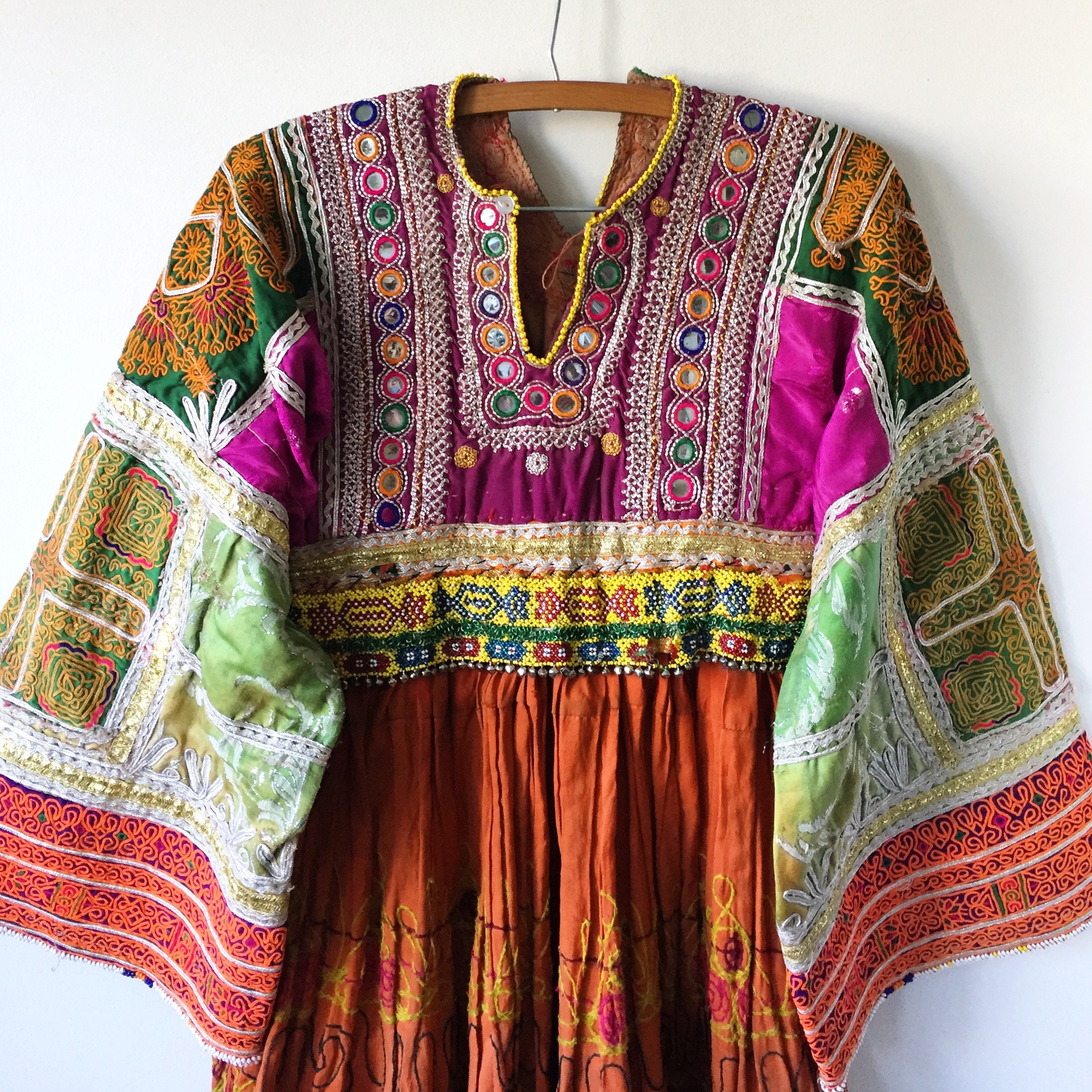 Vintage Kuchi Tribal Dress , Embroidered Beaded Silk Afghan Midi Dress