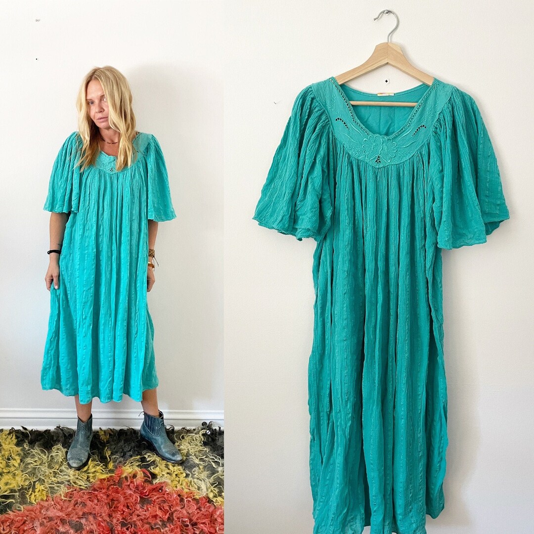Vintage Cotton Gauze Grecian Sun Dress , Bali Lace Butterfly Sleeve
