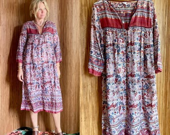 VTG 1970s Indian Block-Print Cotton Gauze Dress- Floral Boho Smock Midi Maroon Gold Lurex