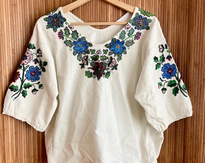 Antique Eastern European Linen Blouse - Hand Beaded Floral Embroidery Folk Art Peasant Top