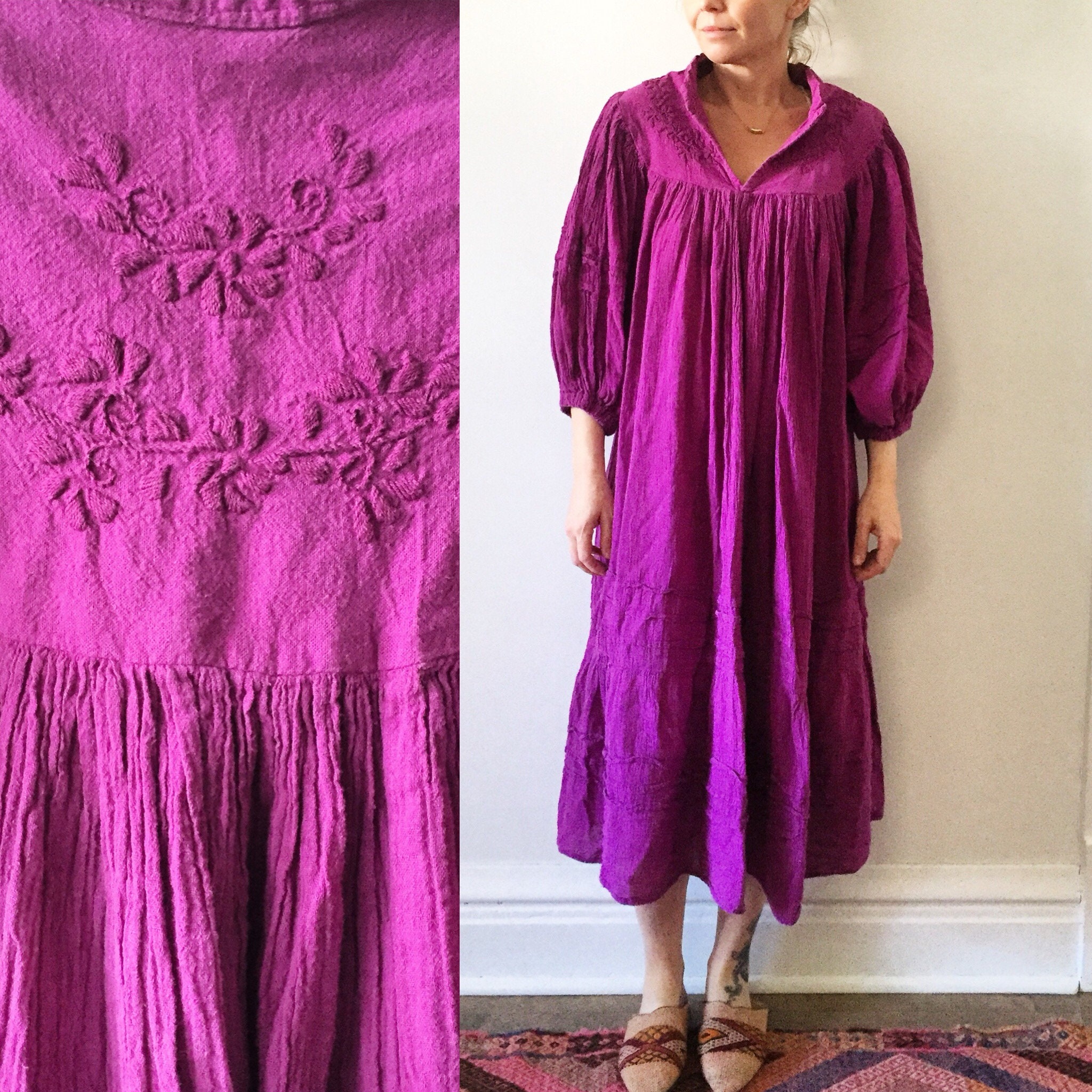 Vintage Indian cotton Dress w/ Embroidery, Embroidered Cotton Midid Dress