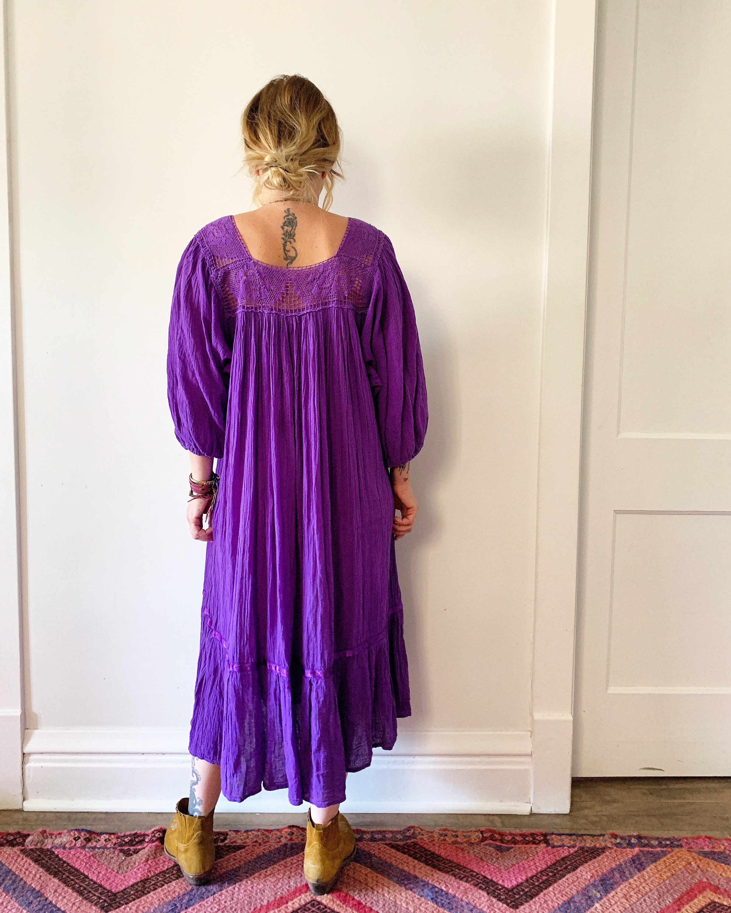 Vintage Mexican Gauze Dress, Ethnic Lace Dress , Balloon Sleeve Dress