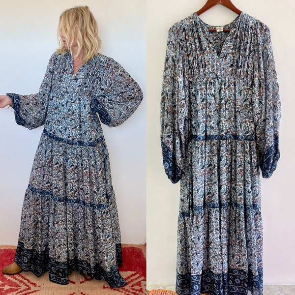 Vintage Rare India Silk Maxi Dress , Karachi House India Silk Maxi Length Dress , Indian Block Print Silk , Block Print Silk Kaftan