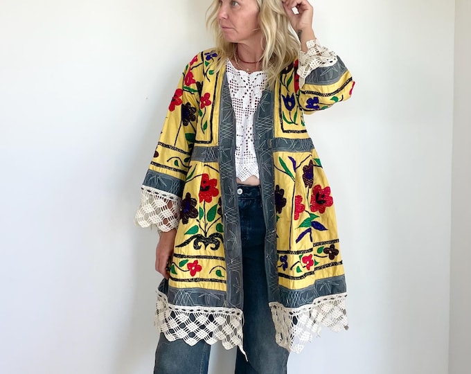 Vintage Embroidered Coat, Uzbek Embroidered  Coat , Embroidered Ethnic  Crochet Jacket, Fully Embroidered Tribal Jacket , Suzani Cotton