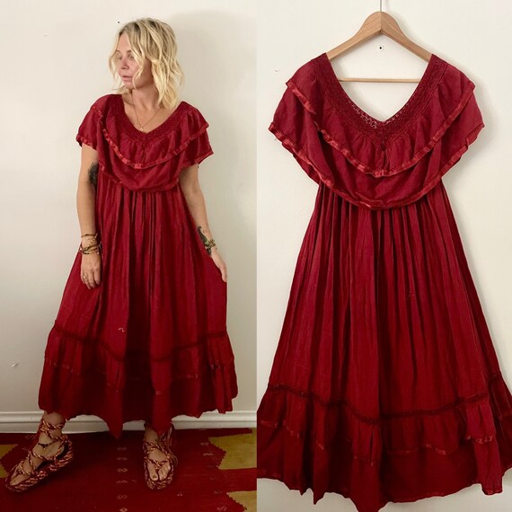 A Honeywood Exclusive Handmade Antique Crochet and Cotton Gauze Maxi Dress Desert Salmon Medium/Large main image 1