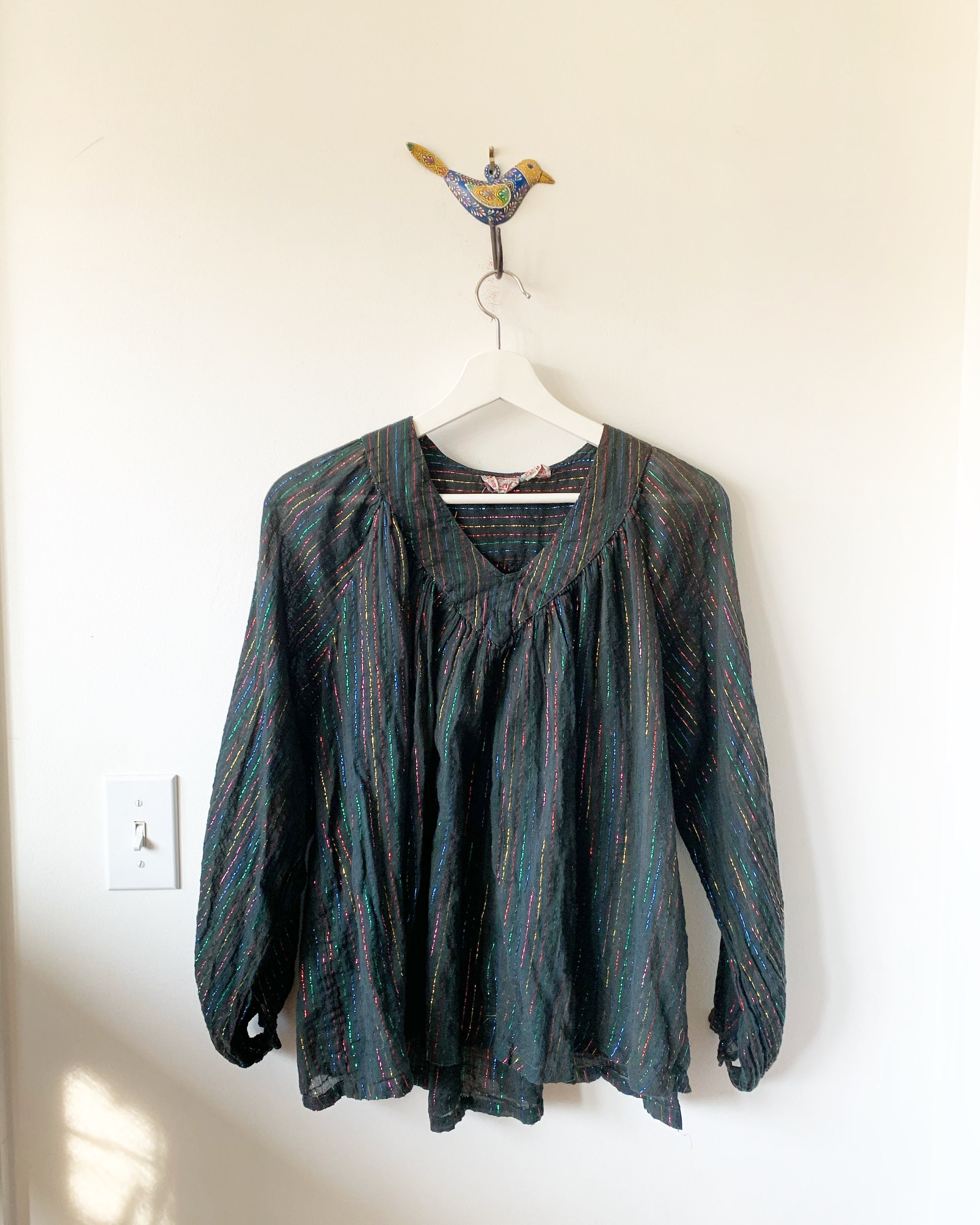 Vintage 70s India Cotton Gauze Blouse , Indian Lurex Top