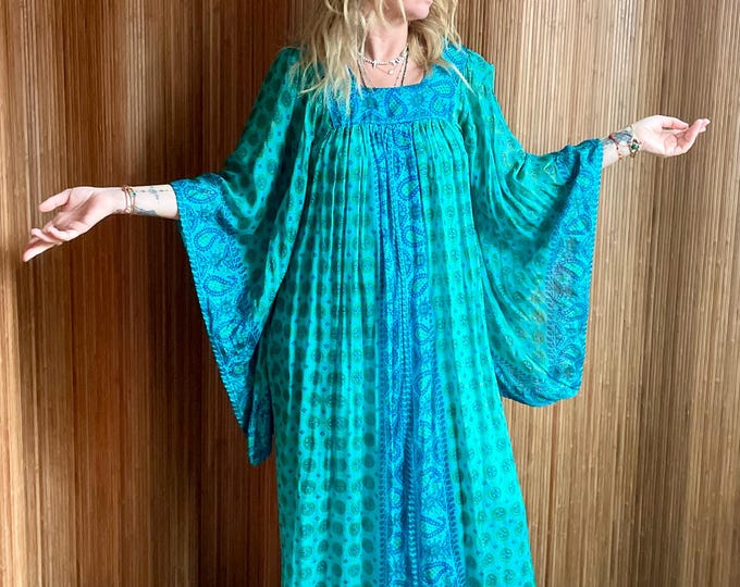 Vintage Indian Silk Kaftan Dress – Block Print Boho Maxi Saks Fifth Ave