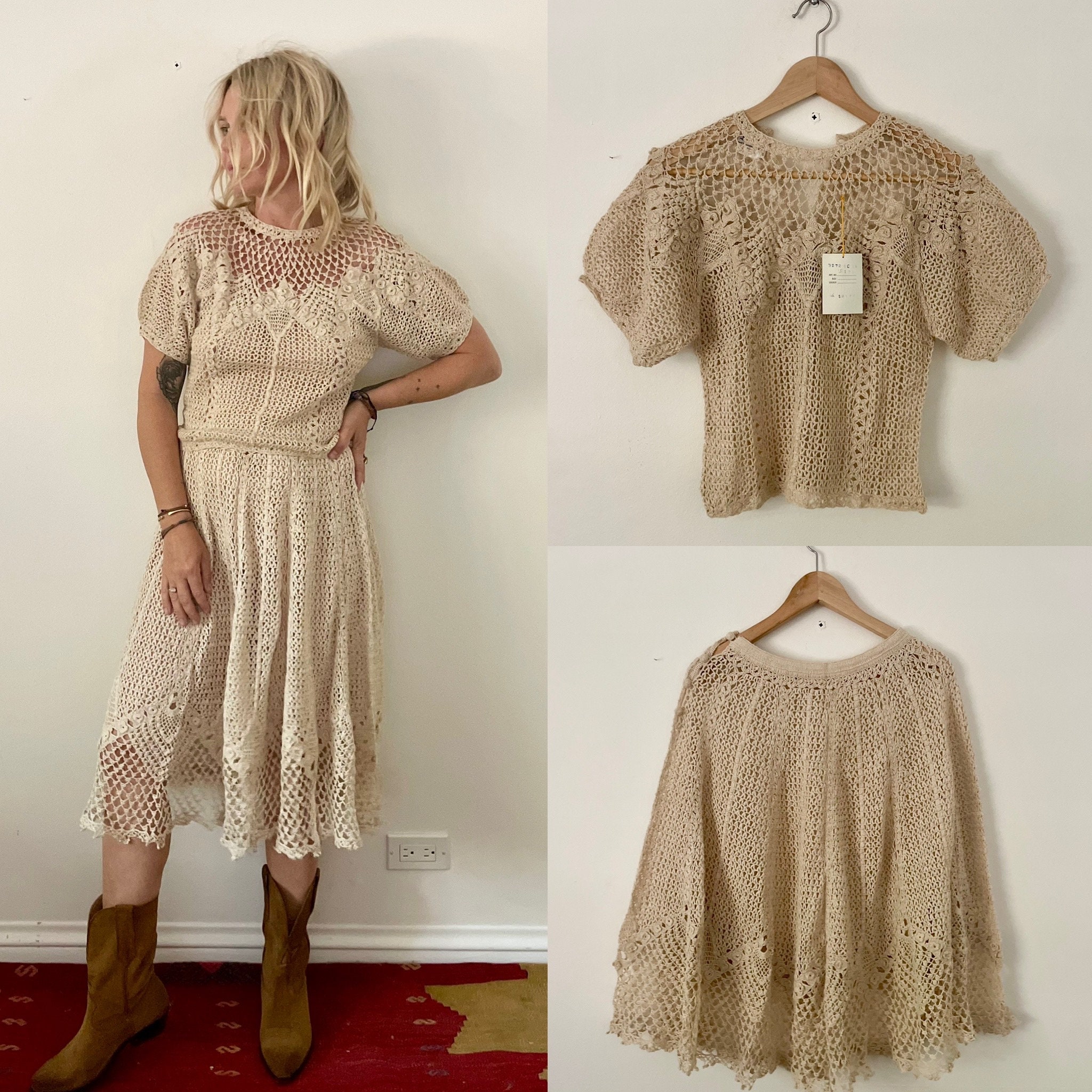 Vintage Cotton Crochet Skirt and Top Set Vintage Crochet Cream Set DEADSTOCK Crochet Suit