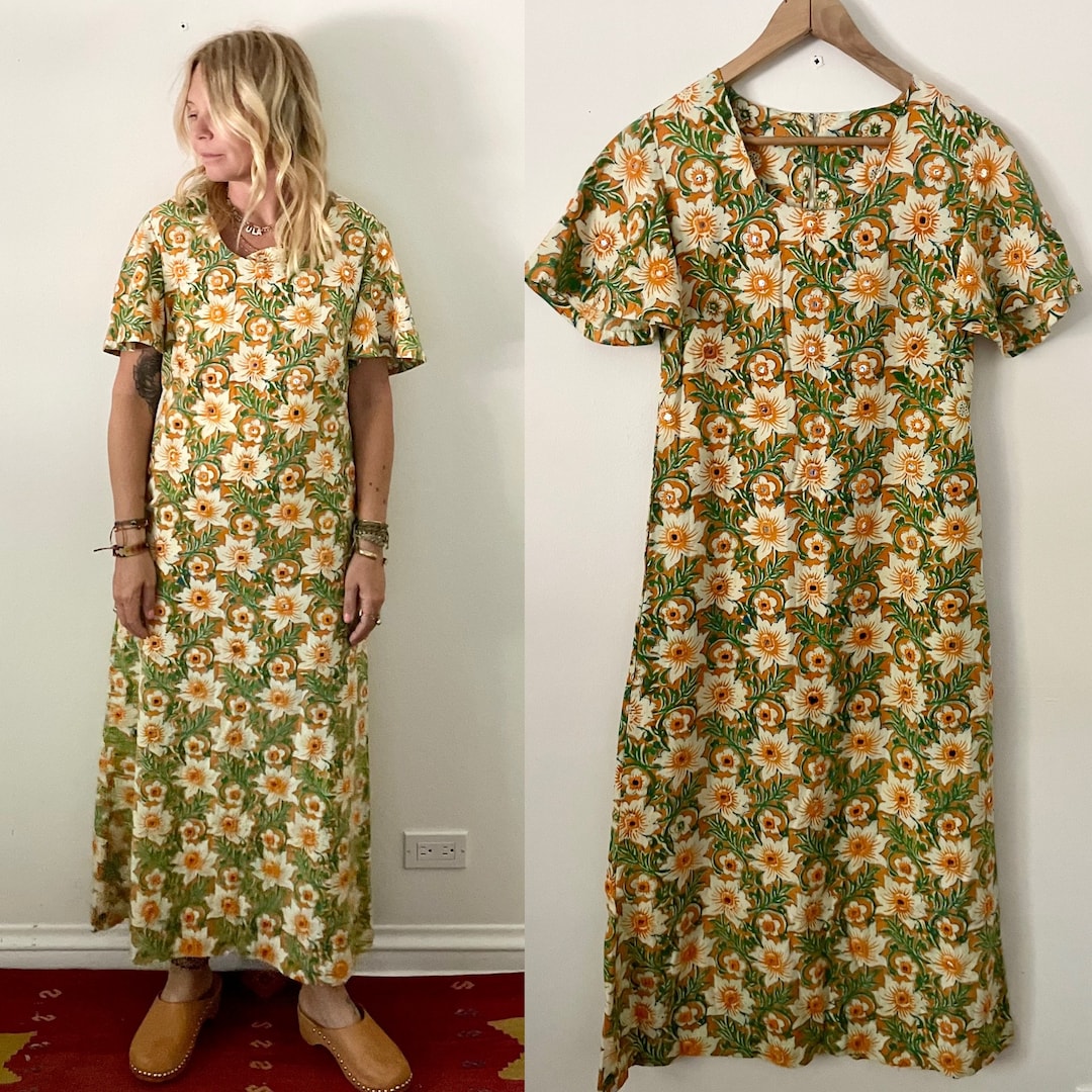 Vintage 70s Block Print Mirrored Ramona Rull Dress, Block Print Kaftan ...