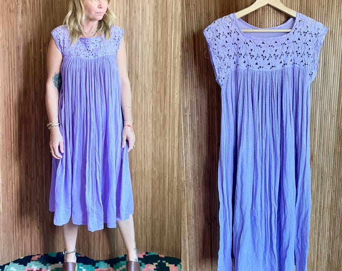 Rare Vintage Lavender Grecian Cotton Gauze Dress - BOHO  Crochet Midi Dress